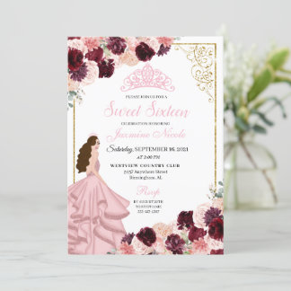 Burgund Blush Pink Floral 16 . Geburtstag Geburtst Einladung