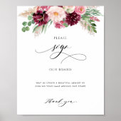 Burgund Blush Pink Floral, Unterschrift Gästebuchb Poster (Vorne)