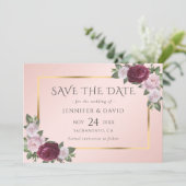 Burgund Blush Pink Gold Floral Save the Date (Stehend Vorderseite)