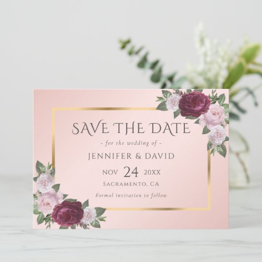 Burgund Blush Pink Gold Floral Save the Date (Stehend Vorderseite)