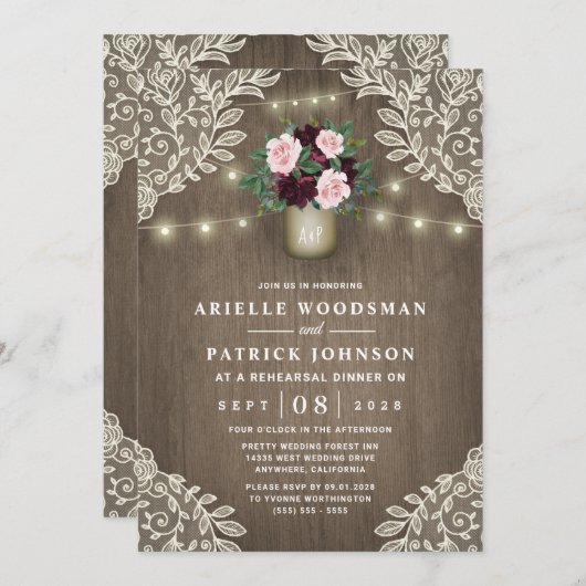 Burgund Blush Pink Gold Rustikale Probe Abendessen Einladung (Vorne/Hinten)