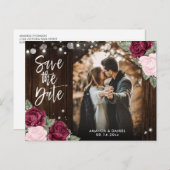 Burgund Blush Pink Wedding Foto Save the Date Ankündigungspostkarte (Vorne/Hinten)