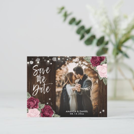 Burgund Blush Pink Wedding Foto Save the Date Ankündigungspostkarte (Stehend Vorderseite)