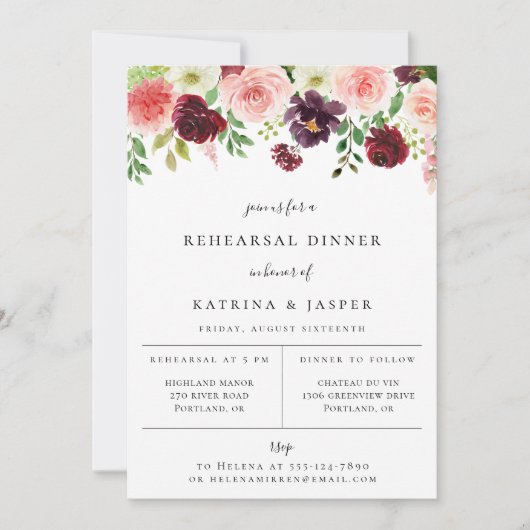 Burgund Blush Probe Abendessen mit Blumen Einladun Ankündigung (Vorderseite)