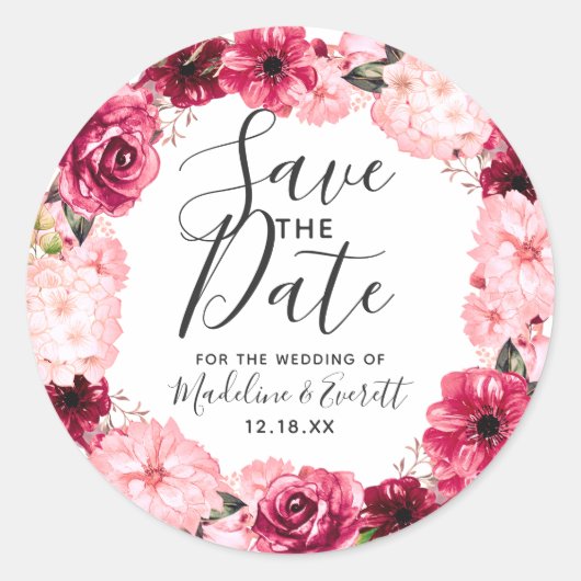 Burgund & Blush Rosa Blumenreath Save the Date Runder Aufkleber (Vorderseite)