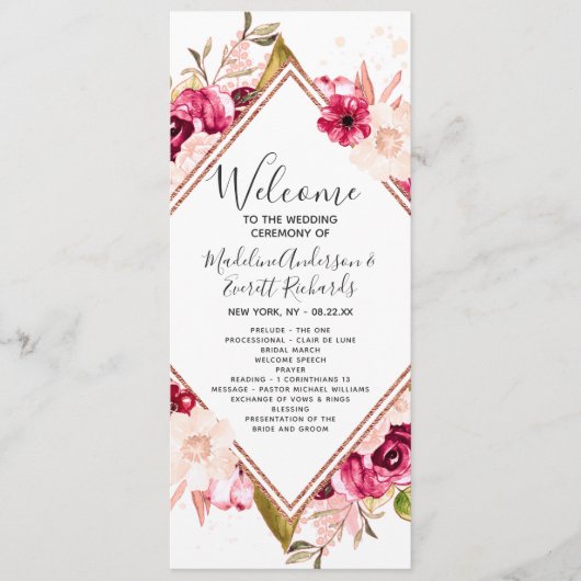 Burgund Blush Rose Gold Hochzeitsprogramm Programm (Vorderseite)