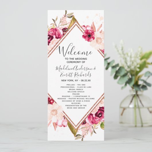 Burgund Blush Rose Gold Hochzeitsprogramm Programm (Stehend Vorderseite)