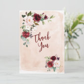 Burgund Blush Rose Hochzeit Foto Danke Karte (Stehend Vorderseite)