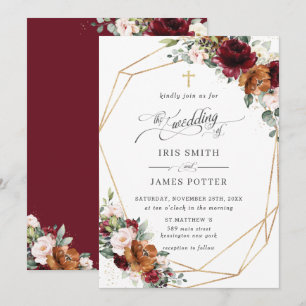 Burgund Blush Rost Orange Blumenkirche Hochzeit   Einladung