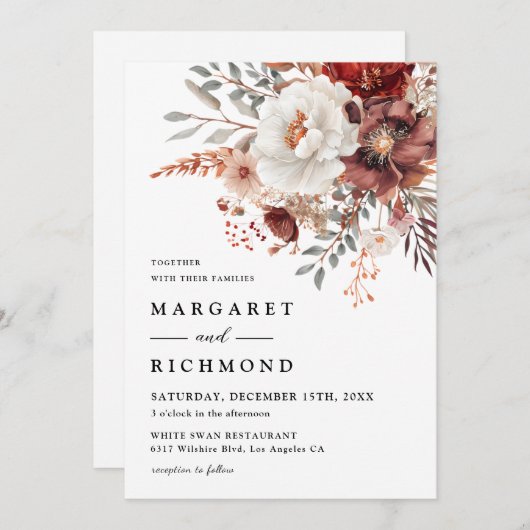 Burgund & Blush Rustikale Hochzeit der Wasserfarbe Einladung (Vorne/Hinten)