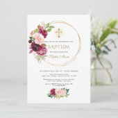 Burgund Blush Saffron Bloral Gold Cross Taufen Einladung (Stehend Vorderseite)