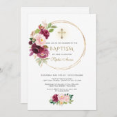 Burgund Blush Saffron Bloral Gold Cross Taufen Einladung (Vorne/Hinten)