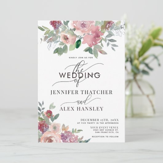 Burgund Blush Script QR Code Hochzeit Einladung (Stehend Vorderseite)