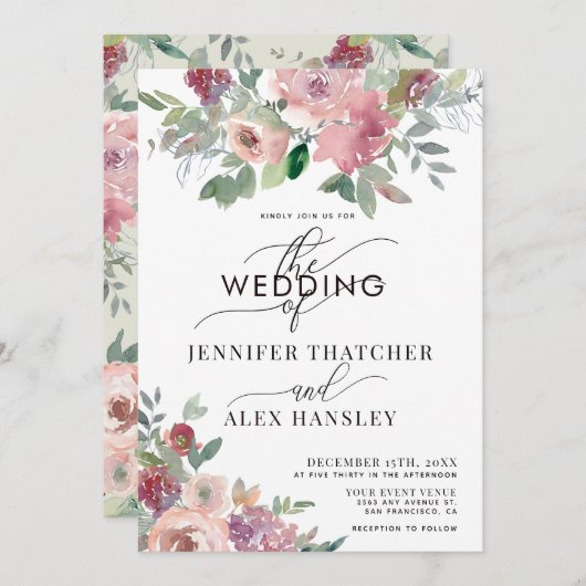 Burgund Blush Script QR Code Hochzeit Einladung (Vorne/Hinten)