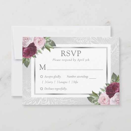 Burgund Blush Silver Floral Wedding RSVP Cards Karte (Vorderseite)