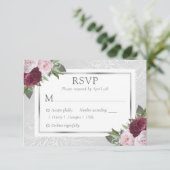 Burgund Blush Silver Floral Wedding RSVP Cards Karte (Stehend Vorderseite)