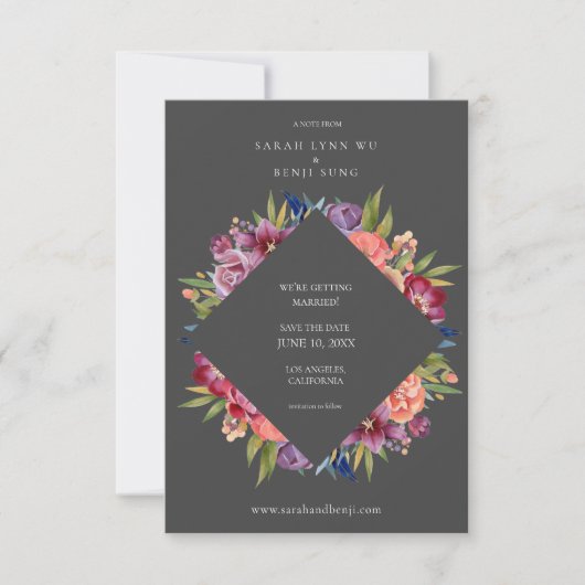 Burgund Blush Tropical Floral Wedding - Grau Save The Date (Vorderseite)