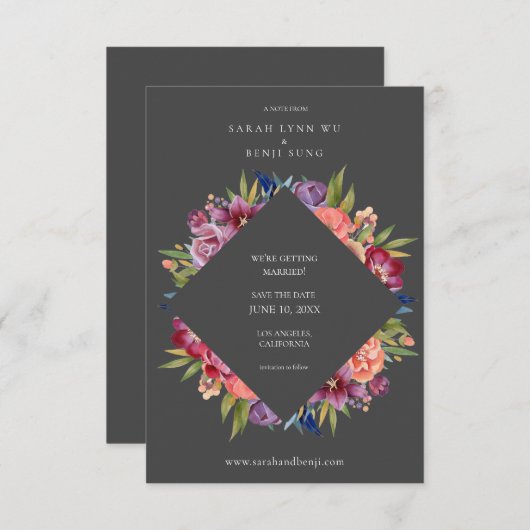 Burgund Blush Tropical Floral Wedding - Grau Save The Date (Vorne/Hinten)
