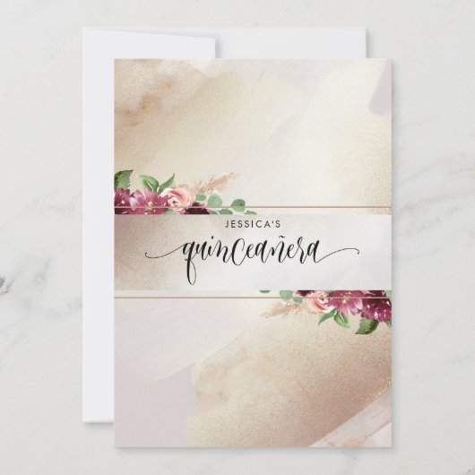 Burgund, Blush und Champagner-Floral Quinceñera Einladung (Rückseite)