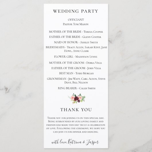 Burgund Blush Wasserfarbe Blumenhochzeit Programm (Rückseite)