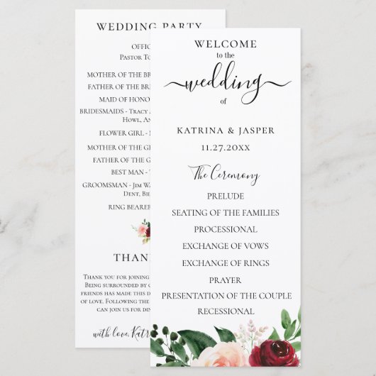 Burgund Blush Wasserfarbe Blumenhochzeit Programm (Vorne/Hinten)
