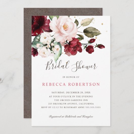 Burgund Blush Wasserfarbe Brautparty Einladung (Vorne/Hinten)