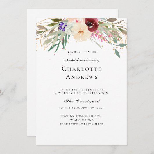 Burgund, Blüte, grüne Blume Brautparty Einladung (Vorne/Hinten)