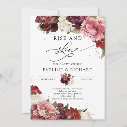 Burgund-Blütenpferde Gold steigt und glänzen Einladung (Vorderseite)