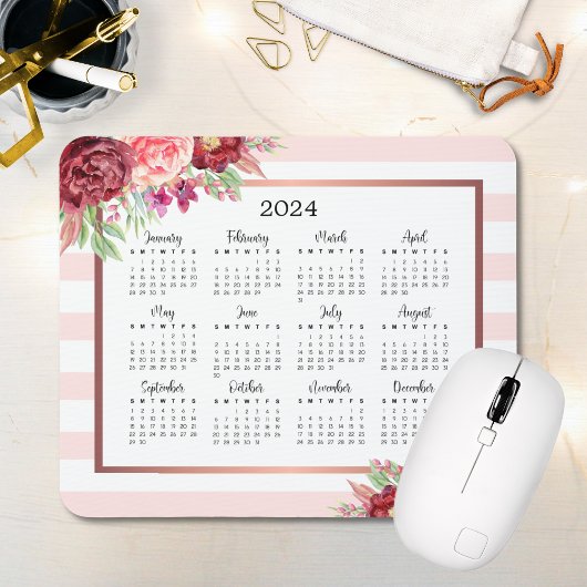 Burgund Blütenrot Rosa Streifen 2024 Kalender Mousepad