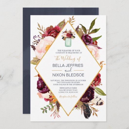 Burgund Blütenwein Rote Blüte Blumenmoor Einladung (Vorne/Hinten)