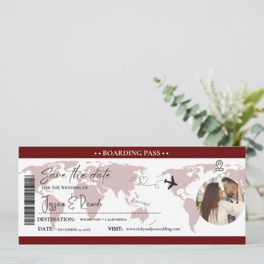 Burgund-Boarding-Pass-Hochzeit Save The Date (Stehend Vorderseite)