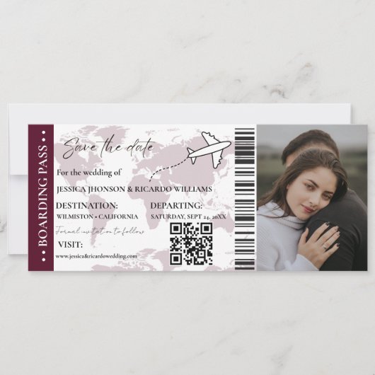 Burgund Boarding Pass Hochzeit speichern Sie das D Einladung (Vorderseite)