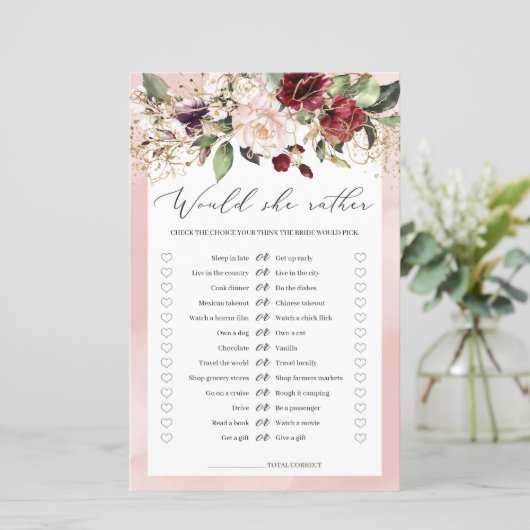 Burgund Bogo Blush Pink Brautparty Game (Stehend Vorderseite)