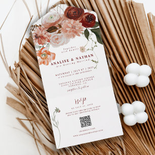 Burgund-Boho-Blumen-Hochzeits-QR-Code All In One Einladung