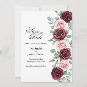 Burgund-Boho-Blumen und Rosa Rosen - Rettet das Da Save The Date