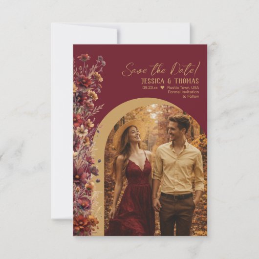 Burgund-Boho-Chic-Wildblumen-Bogen-Foto-Hochzeit Save The Date (Vorderseite)