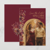 Burgund-Boho-Chic-Wildblumen-Bogenfoto-Hochzeit Save The Date (Vorne/Hinten)