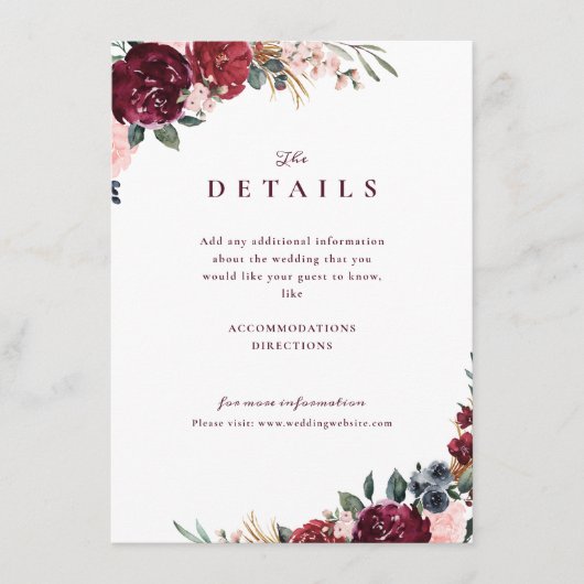 Burgund boho florale rustikale Hochzeitsdetails Begleitkarte (Vorderseite)