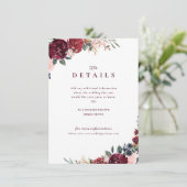 Burgund boho florale rustikale Hochzeitsdetails Begleitkarte (Stehend Vorderseite)