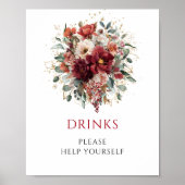 Burgund-Boho-Herbstblumen-Getränke-Tischschild Poster (Vorne)