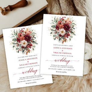 Burgund-Boho-Herbstblumen-Grün-Hochzeitskarte Einladung