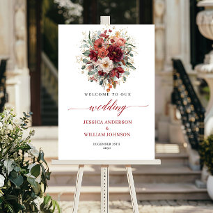 Burgund-Boho-Herbstblumen-Grün-Hochzeitsschild Poster