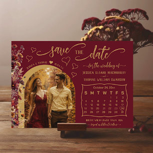 Burgund-Boho-Wildblumen-Foto- & Kalender-Hochzeit Save The Date