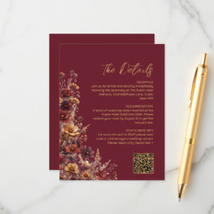 Burgund-Boho-Wildblumen-QR-Code-Hochzeitsdetails Begleitkarte