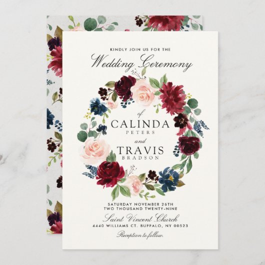 Burgund Bouquet| Blumenhochzeit Einladung (Vorne/Hinten)