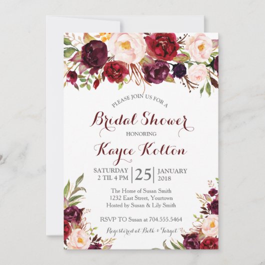 Burgund Brautdusche Einladung (Vorderseite)