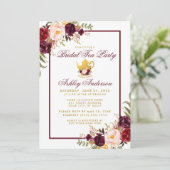 Burgund Brautparty Tee Party Gold Einladung BF (Stehend Vorderseite)