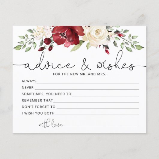 Burgund Bridal Ratschläge und Wünsche Karte (Vorderseite)