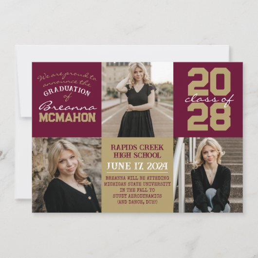 Burgund & Bronze 4 Foto Abschluss Ankündigung (Vorderseite)