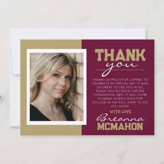 Burgund & Bronze Abschluss Foto Danke Karte (Vorderseite)